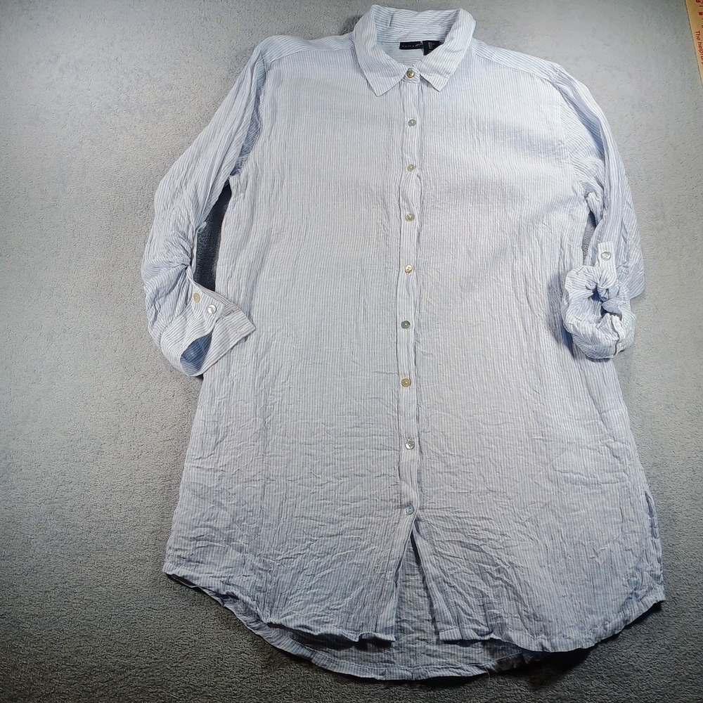 Tahari Womens Striped Roll-Tab Sleeve Tunic Blue/White Large Button Down